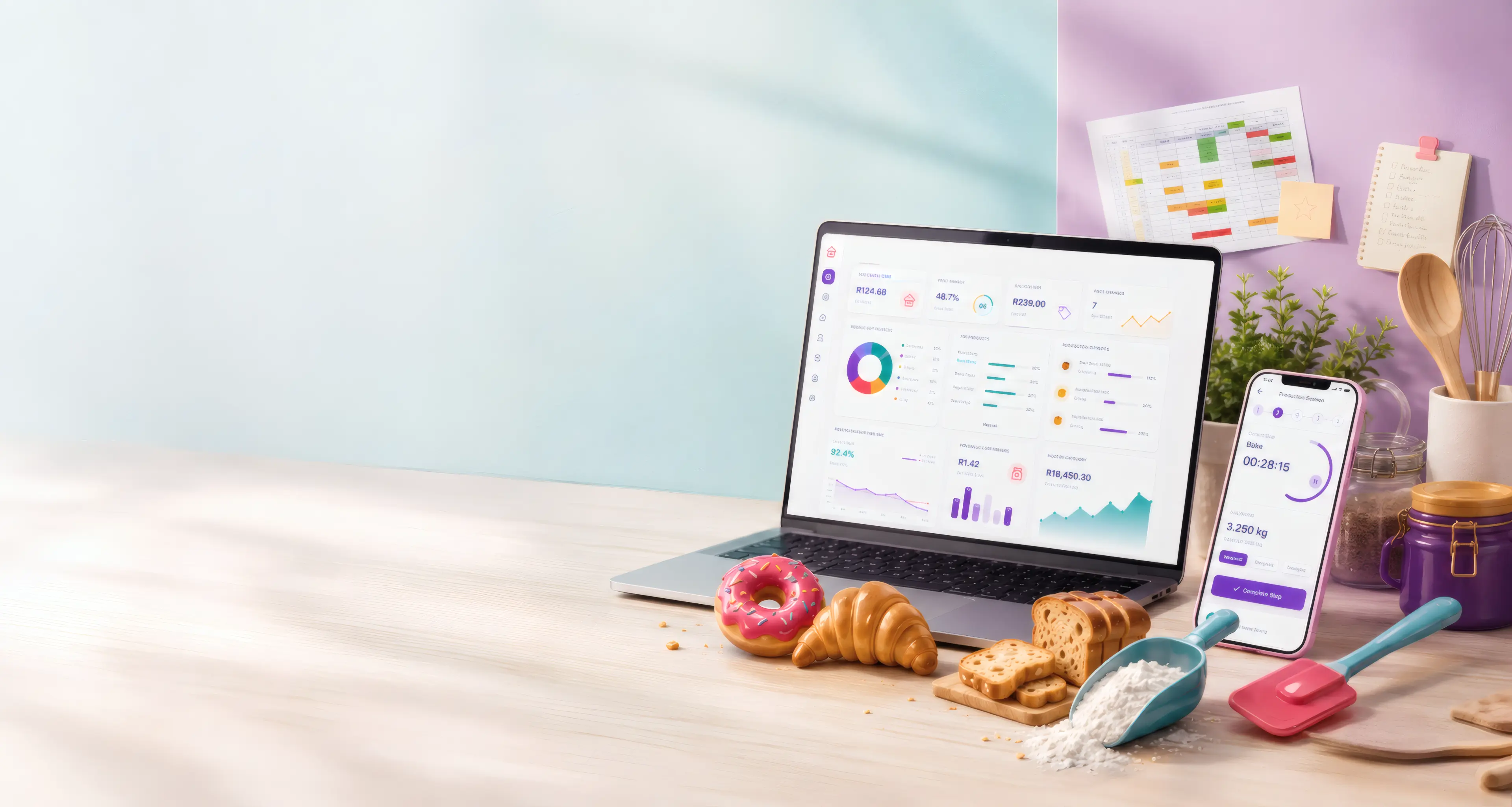 A laptop and a phone running Bakelytics on a baker's desk, among rusks, a flour scoop and a spice jar
